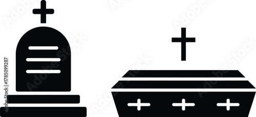 Tombstone and coffin with crosses icon for funeral and grief