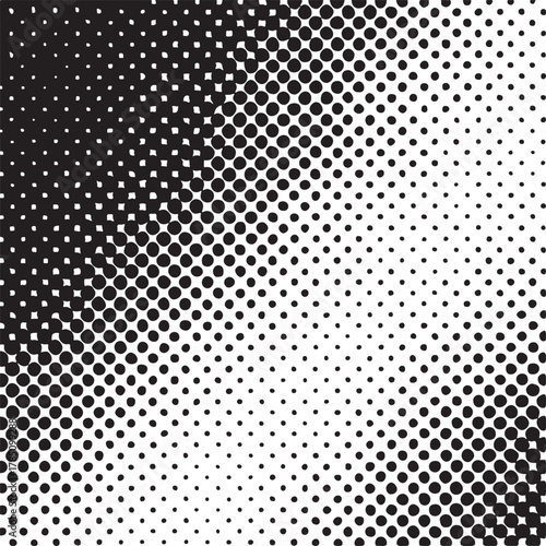 Halftone pattern gradient abstract background with black dots gradually transitioning to smaller, sparser elements on a clean white surface, creating a dynamic visual effect and graphic texture.