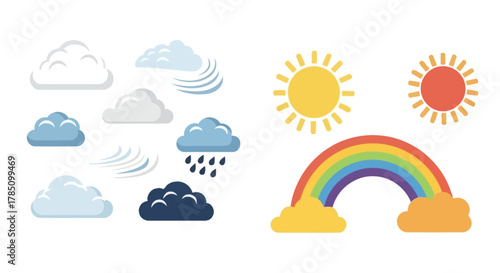 a variety of weather icons including sun clouds rain and rainbow, vector illustration Isolated on white background