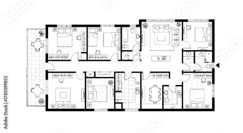 Architectural floor plan of a modern house with multiple rooms