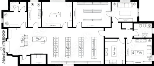 Commercial retail store floor plan with aisles, shelves, checkout counters, and back rooms