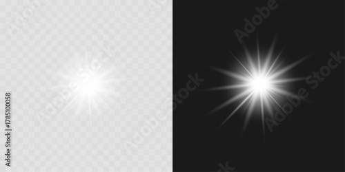 A shining silver star with a radiant white glow and sparkling flare effect. Glowing, elegant starlight vector is ideal for Christmas decorations, festive artwork, and luminous digital light overlays.