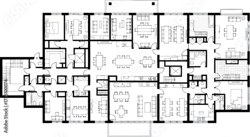 Architectural floor plan of a large multiunit residential building with multiple apartments