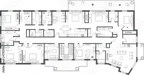 Detailed floor plan of a large multiroom building, possibly a hotel or mansion