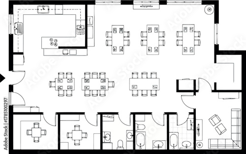 Floor plan of a restaurant or cafe layout with seating, kitchen, and restrooms