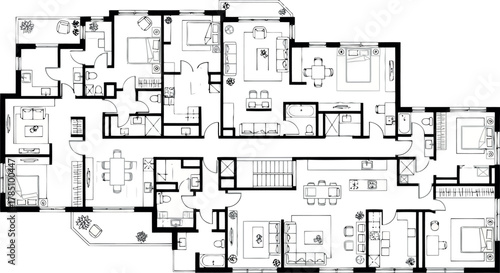 Architectural floor plan of a large apartment with multiple bedrooms and living spaces