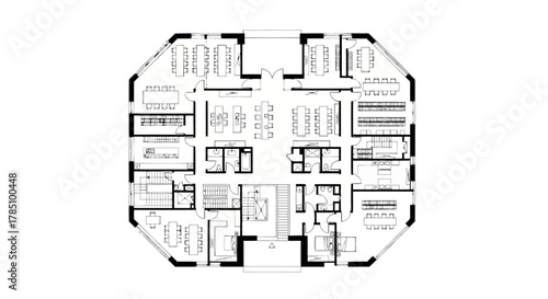 Architectural floor plan of an office building with cubicles, meeting rooms, reception, and common areas