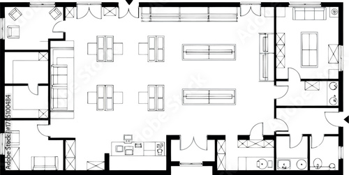 Floor plan of a retail store or commercial space with display shelves, checkout counters, and seating areas