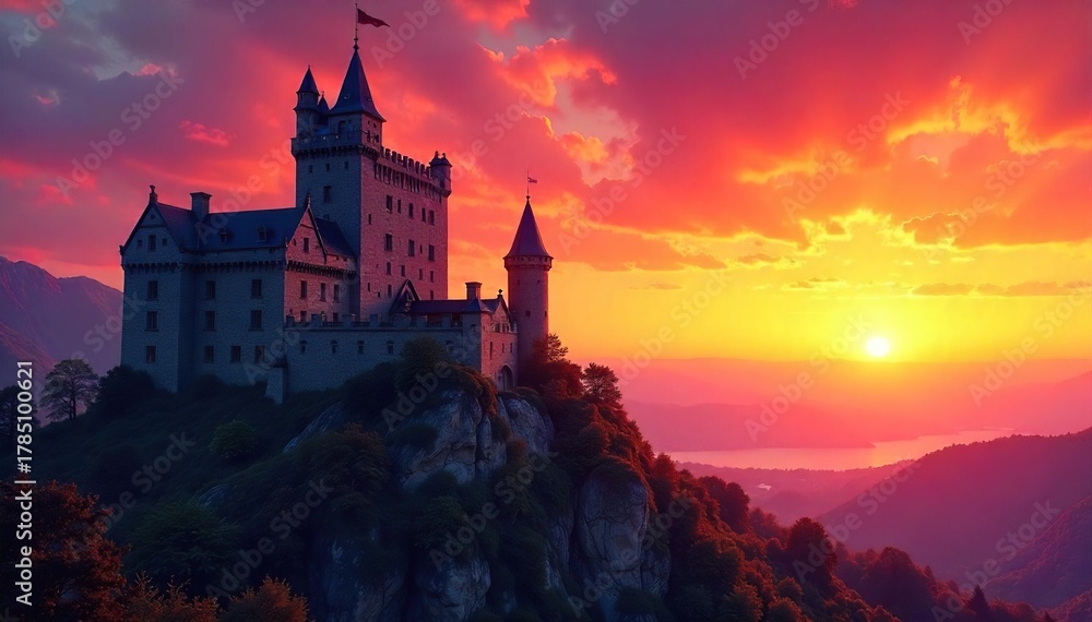 Obraz premium Majestic Medieval Castle Silhouetted Against a Vibrant Sunset Sky, a Picturesque Scene of Historical Architecture and Natural Beauty.