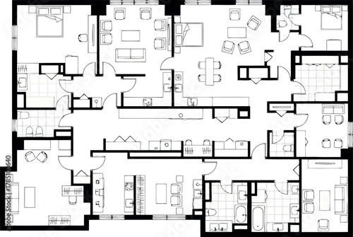 Architectural floor plan of a large apartment with multiple bedrooms and bathrooms