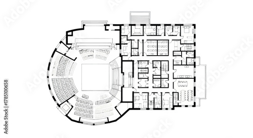 Architectural floor plan of a theater or auditorium with seating and backstage areas