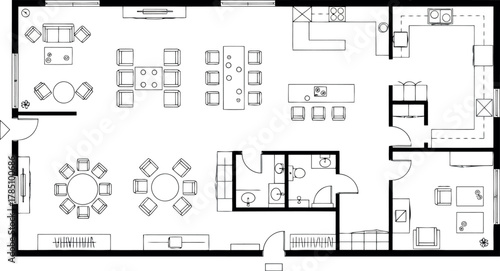 Architectural floor plan of a commercial space with offices, meeting rooms, and restrooms