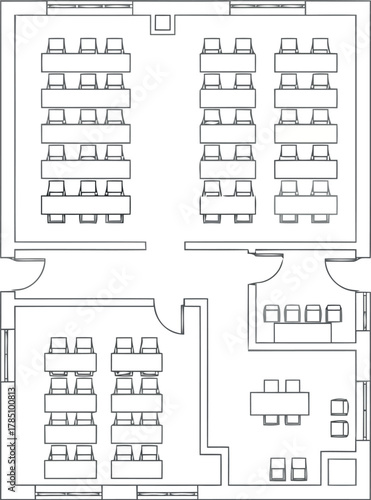 Top view of a classroom or meeting room layout with tables and chairs arranged in rows