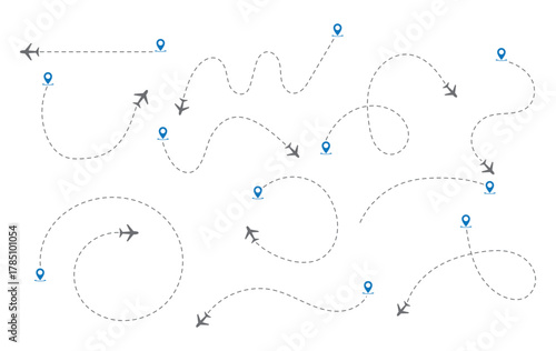 Airplane routes flight path vector with location pins. Airplane line path icon of air plane flight route with start point and dash dotted line trace.