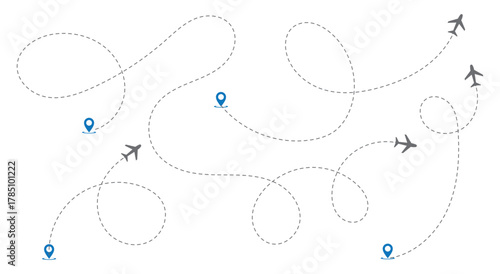 Airplane route with dotted flight path. Flying plane symbol with twisted, curved, straight and heart shape dashed trace path. Transparent png and vector illustration.