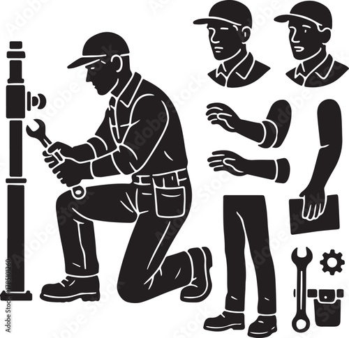 Repairman construction kit illustration with customizable body parts and tools. build your own service worker character for maintenance, plumbing, and general repair projects and design needs.