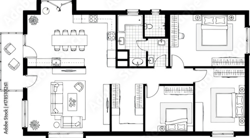 Modern 3 bedroom apartment floor plan with living room, dining area, and kitchen