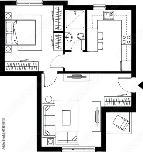 Detailed floor plan of a compact apartment, showing bedroom, kitchen, bathroom, and living area
