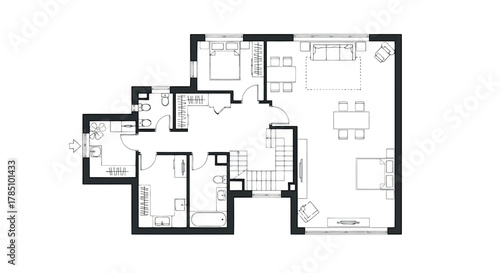Floor plan of a modern apartment layout with living room, kitchen, bedroom, and bathroom