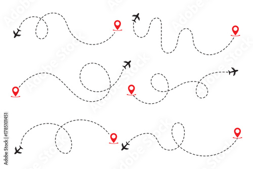 Set of vector illustration of an airplane flight route for travel, tourism, and vacation. Dotted line airplane. Airplane path icon.