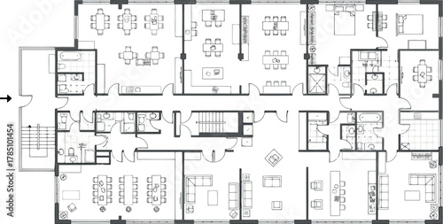 Architectural floor plan of a commercial space with offices, meeting rooms, and reception area