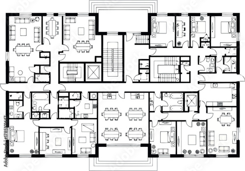 Detailed architectural floor plan of a large residential building with many rooms and amenities