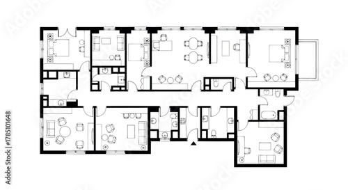 Architectural floor plan drawing of a multiunit residential building with various room layouts