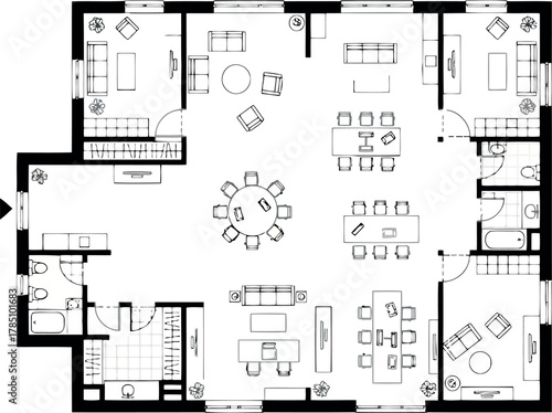 Architectural floor plan blueprint of a house with multiple rooms, furniture, and bathrooms