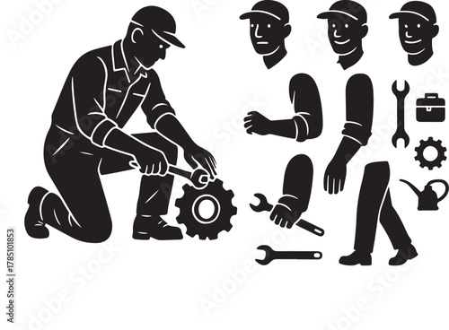 Worker silhouette kneeling, wrenching a gear. customizable body parts: various heads, arms, legs. essential tools: toolbox, a spanner, oil can. for industrial repair, maintenance, skilled labor.