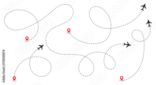Airplane line path route travel vector concept. Plane routes dotted paths aircraft travel route start point flight destination black airplane.