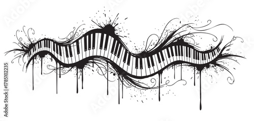 Stylized black and white wavy piano keyboard with splatters and ornate swirls, symbolizing creative musical expression.