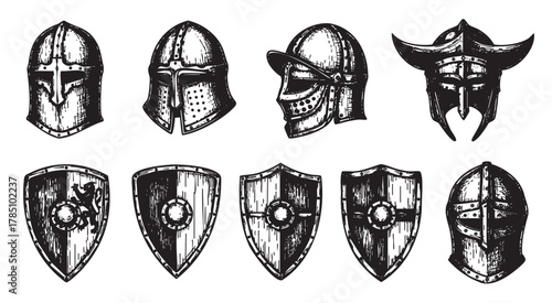 Detailed black ink illustrations of various medieval helmets and shields, showcasing different styles from the era in a traditional sketch artistic style.