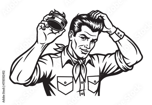 Black and white illustration of a young caucasian male applying hair pomade, wearing a bandana and checkered shirt, smiling confidently.