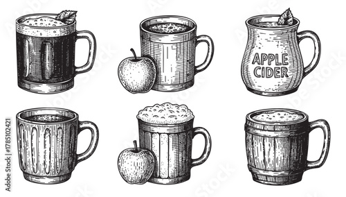 Six detailed hand-drawn illustrations of apple cider mugs, each uniquely styled, with two including apples and one marked with "apple cider.