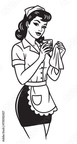 Black and white retro-style drawing of a young caucasian female waitress in a vintage uniform, holding a glass and cleaning cloth with a confident smile.