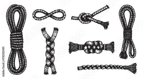 Various intricate rope knots displayed in different styles and configurations, showcasing detailed texture and craftsmanship.