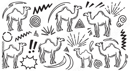 Black outline drawing of camels surrounded by abstract geometric shapes and swirls, creating a playful and dynamic composition.