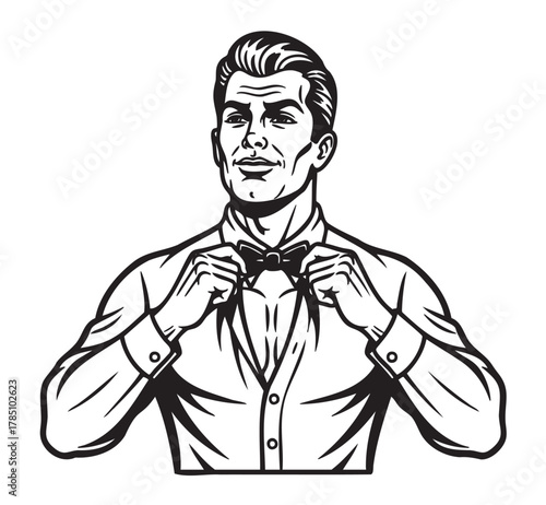 Confident caucasian adult male in formal attire adjusts a bow tie with a self-assured expression and slicked-back hair, depicted in black and white line art.