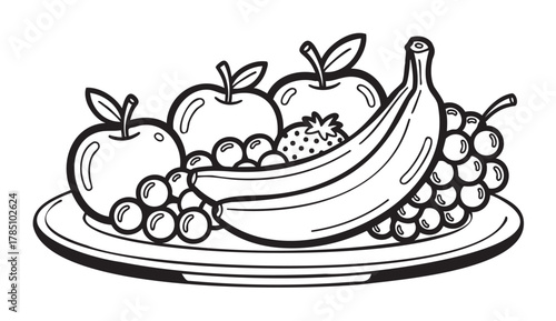 Black outline vector illustration of a fruit platter with apples, bananas, strawberries, and grapes arranged neatly on a plate.