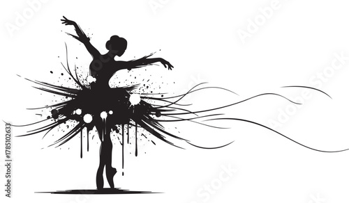 Silhouette of a female ballet dancer striking an elegant pose, with artistic splatters and swirls emanating from her tutu, set against a clean white background.