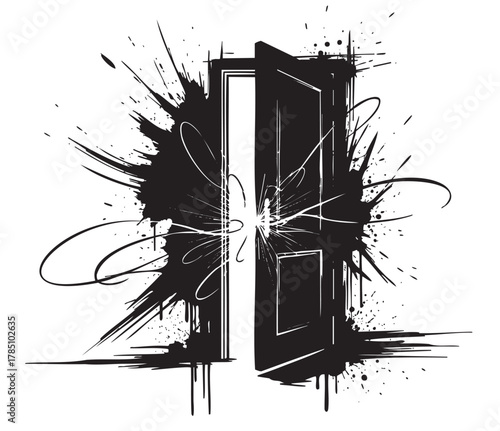 Artistic black and white splatter design of an open door, symbolizing creativity and exploration, with dynamic splash patterns radiating from the doorway.