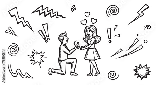 Black and white sketch of a man proposing on one knee with a ring to a smiling woman, surrounded by dynamic symbols like hearts, exclamation marks, and swirls.