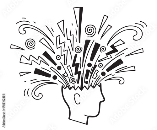 Black and white doodle illustration of an explosive brainstorm, with abstract shapes and lines bursting from a person's head.