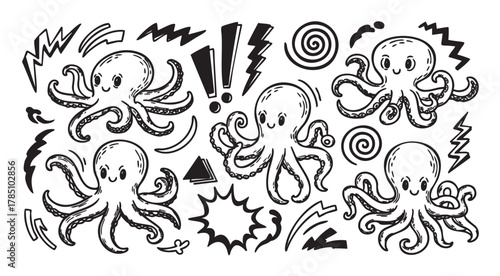 Playful black and white illustration featuring five cartoon octopuses surrounded by various exclamation and swirl symbols.