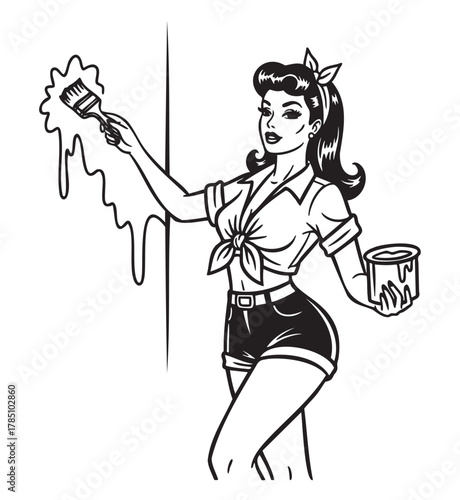 Black and white illustration of a young caucasian female in vintage attire painting a wall with a dripping brush, holding a paint can.