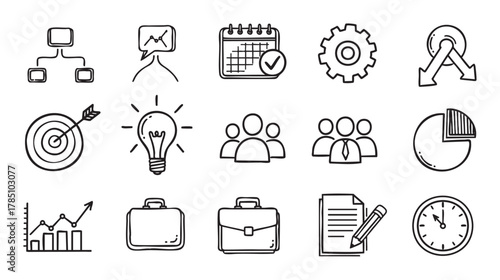 Hand-drawn style icons depicting organizational concepts including flowchart, light bulb, target, calendar, gear, briefcases, and pie chart.