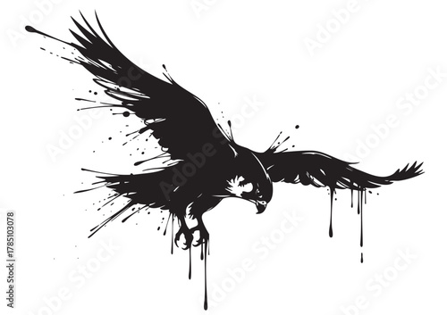 Black ink splatter silhouette of an eagle in flight with outstretched wings, creating a dynamic and artistic impression.