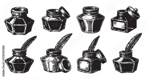 Set of eight black and white vintage inkwells, some with open lids and quill pens inserted, illustrating classic writing tools.
