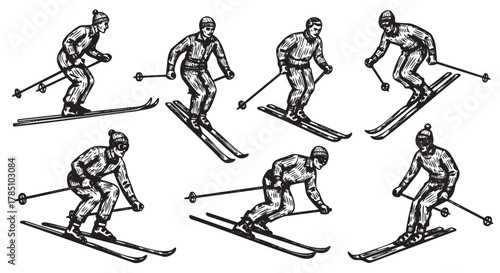 Illustrative set of six caucasian adult male skiers in various dynamic skiing poses, wearing winter gear and beanies, depicted in black and white.