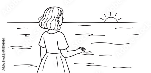 Young caucasian female in a dress gazes at the sunset over the ocean, hand gently reaching towards the water, in a minimalist black and white line drawing.